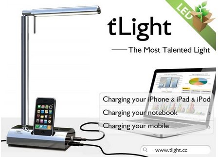 M&C tLight Desk Lamp docks iPod iPod, charges notebook and cellphone M&C tLight Desk Lamp docks iPod iPod, charges notebook and cellphone