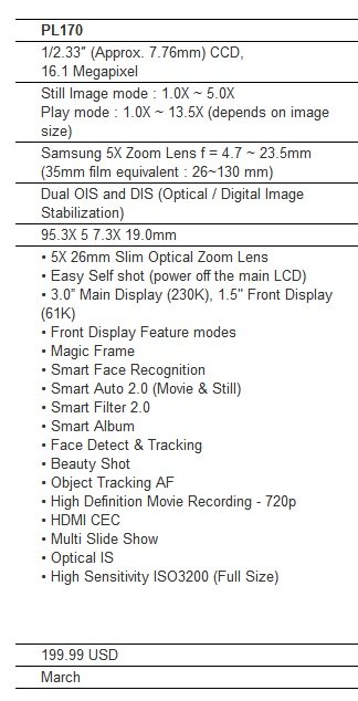 Samsung DualView PL170 specs