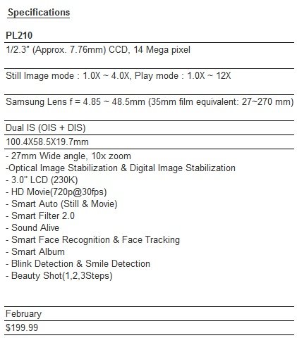 Samsung PL210 specs