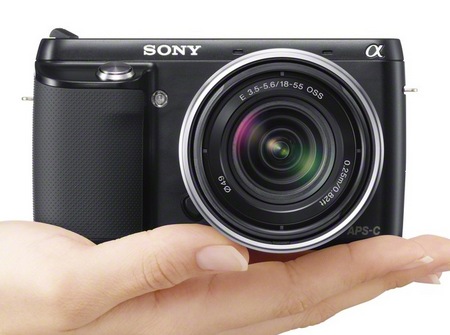 Sony Alpha NEX-F3 Mirrorless Camera on hand